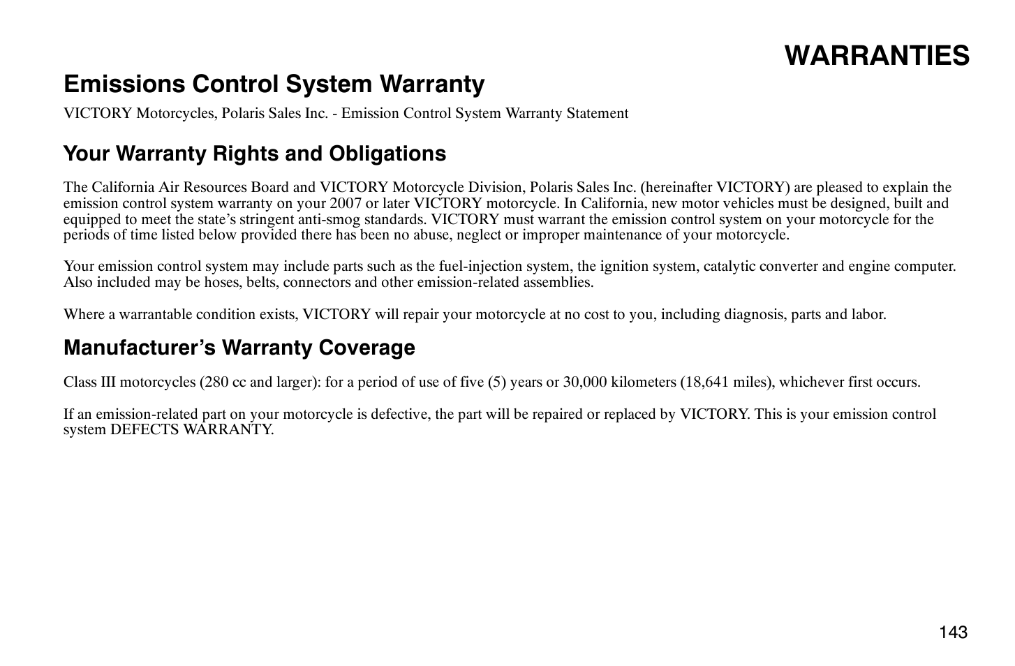 Warranties, Emissions control system warranty | Polaris 2007 Victory Hammer User Manual | Page 148 / 167