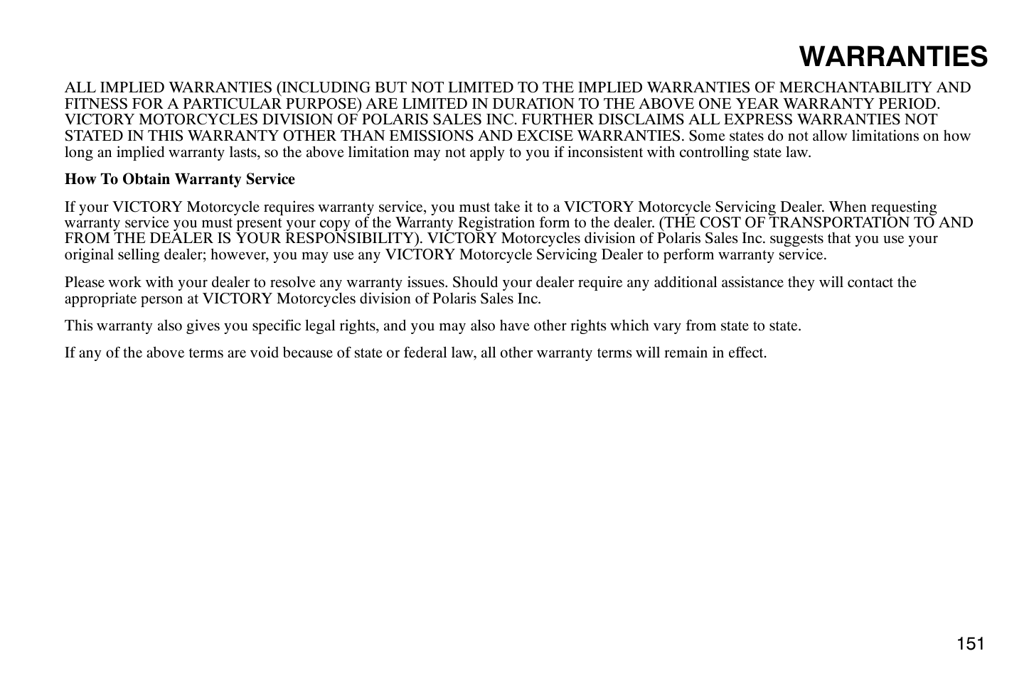 Warranties | Polaris 2007 Victory Hammer User Manual | Page 156 / 167