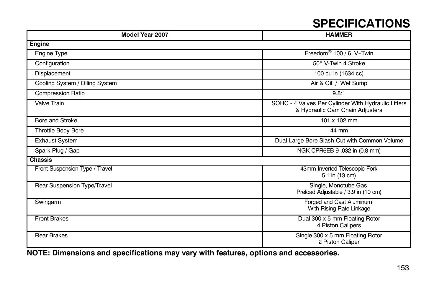 Specifications | Polaris 2007 Victory Hammer User Manual | Page 158 / 167