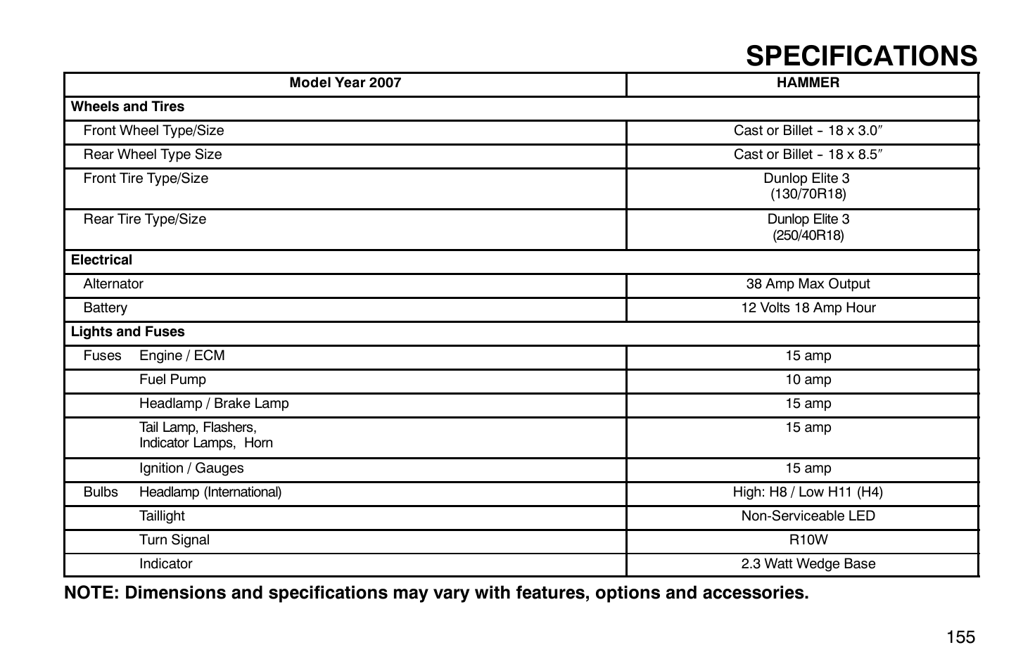 Specifications | Polaris 2007 Victory Hammer User Manual | Page 160 / 167