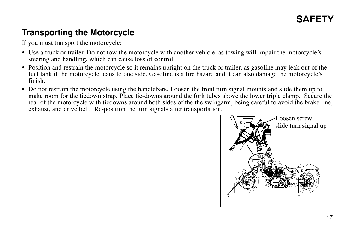 Safety, Transporting the motorcycle | Polaris 2007 Victory Hammer User Manual | Page 22 / 167