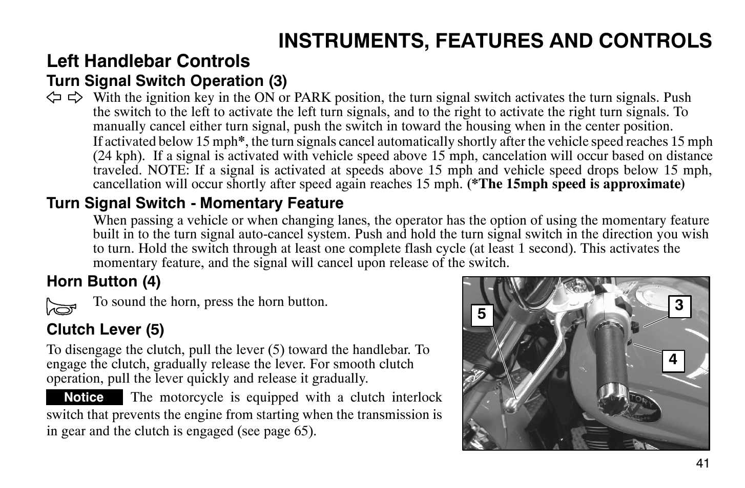 Instruments, features and controls, Left handlebar controls | Polaris 2007 Victory Hammer User Manual | Page 46 / 167