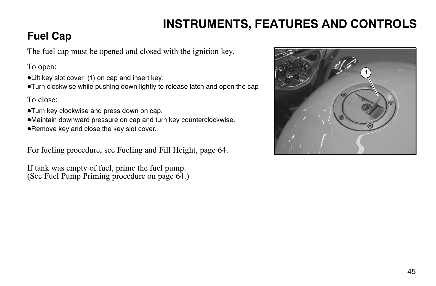 Instruments, features and controls, Fuel cap | Polaris 2007 Victory Hammer User Manual | Page 50 / 167