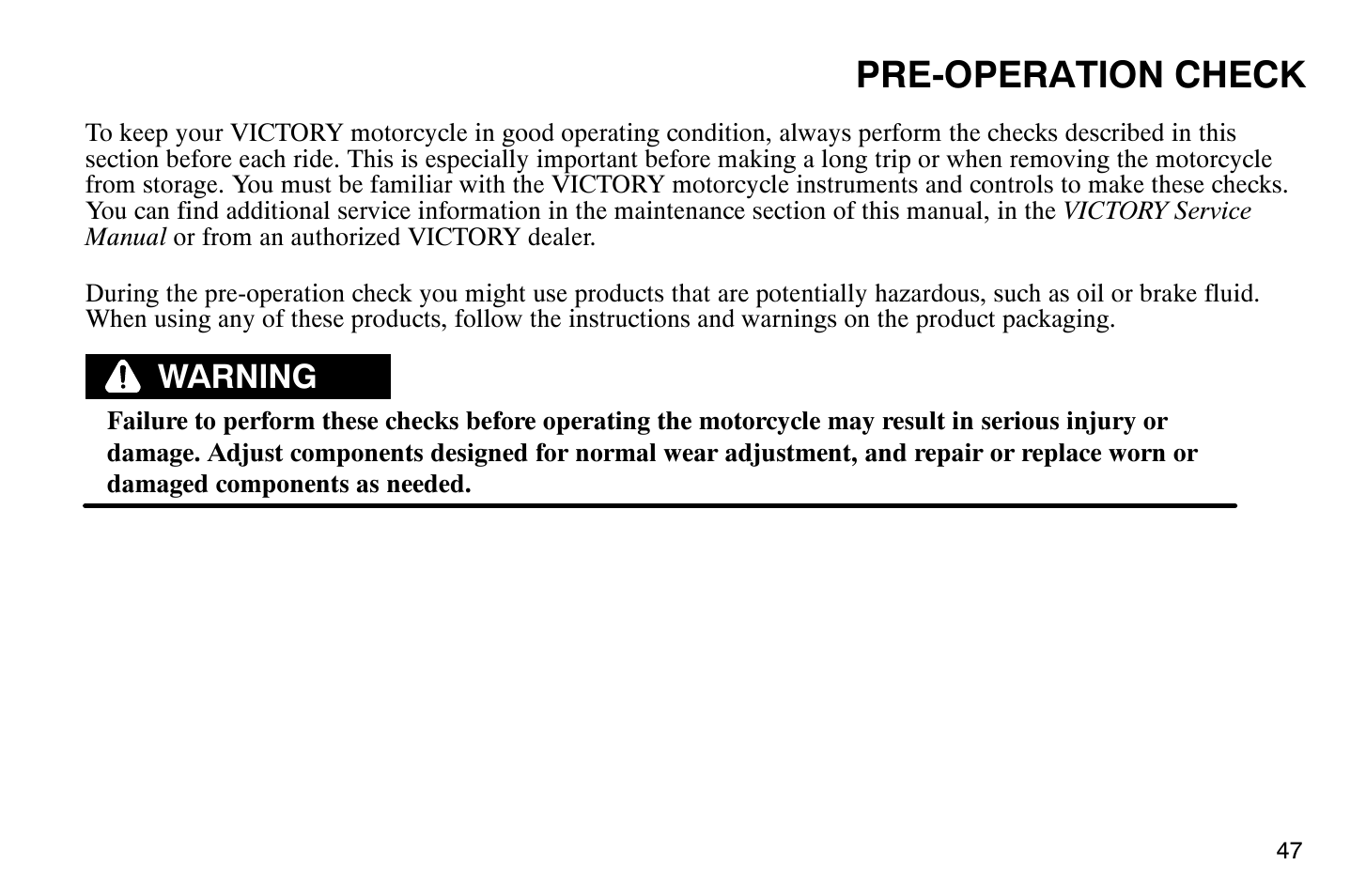 Pre-operation check, Warning | Polaris 2007 Victory Hammer User Manual | Page 52 / 167
