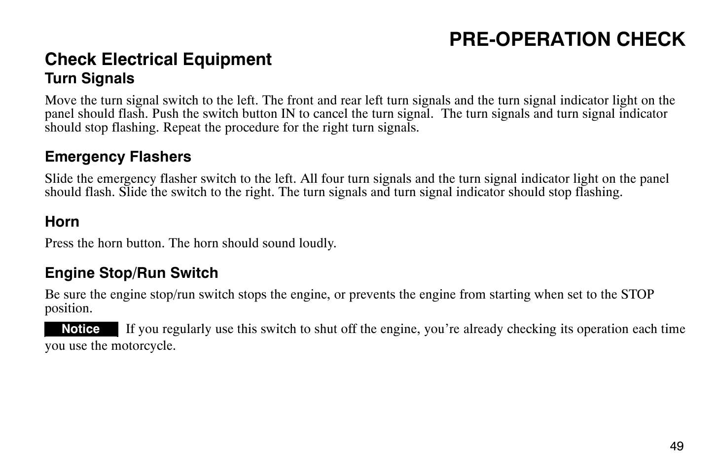 Pre-operation check, Check electrical equipment | Polaris 2007 Victory Hammer User Manual | Page 54 / 167