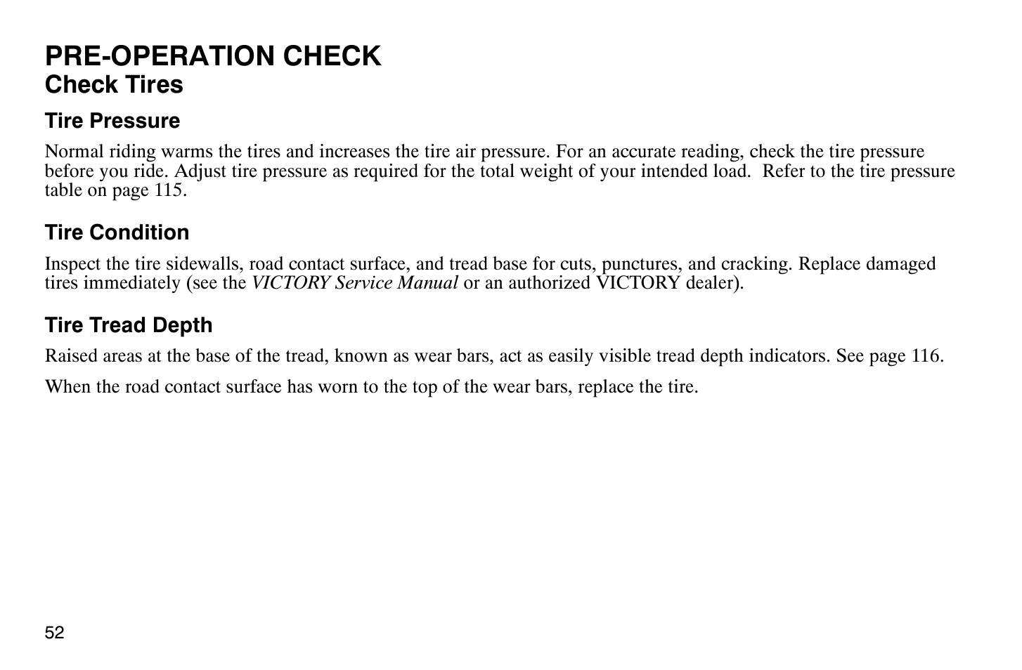 Pre-operation check, Check tires | Polaris 2007 Victory Hammer User Manual | Page 57 / 167