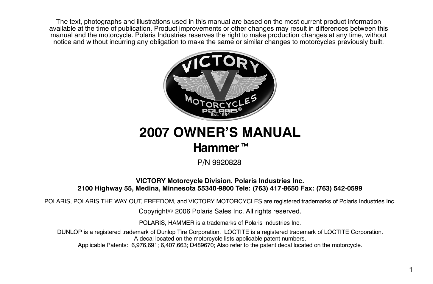 2007 owner’s manual, Hammer t | Polaris 2007 Victory Hammer User Manual | Page 6 / 167