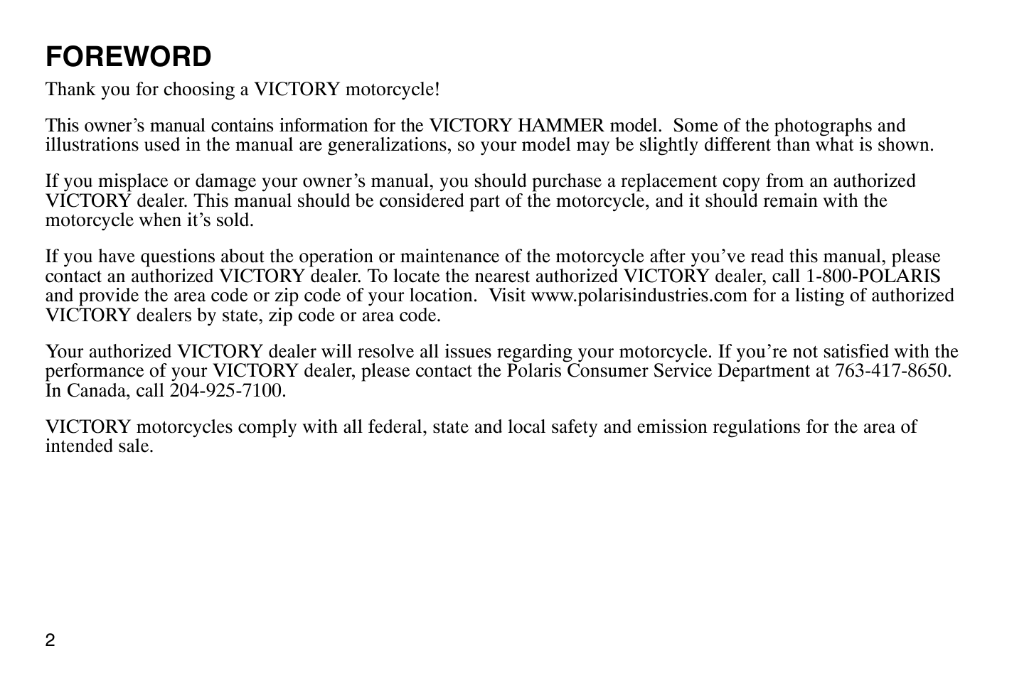 Foreword | Polaris 2007 Victory Hammer User Manual | Page 7 / 167