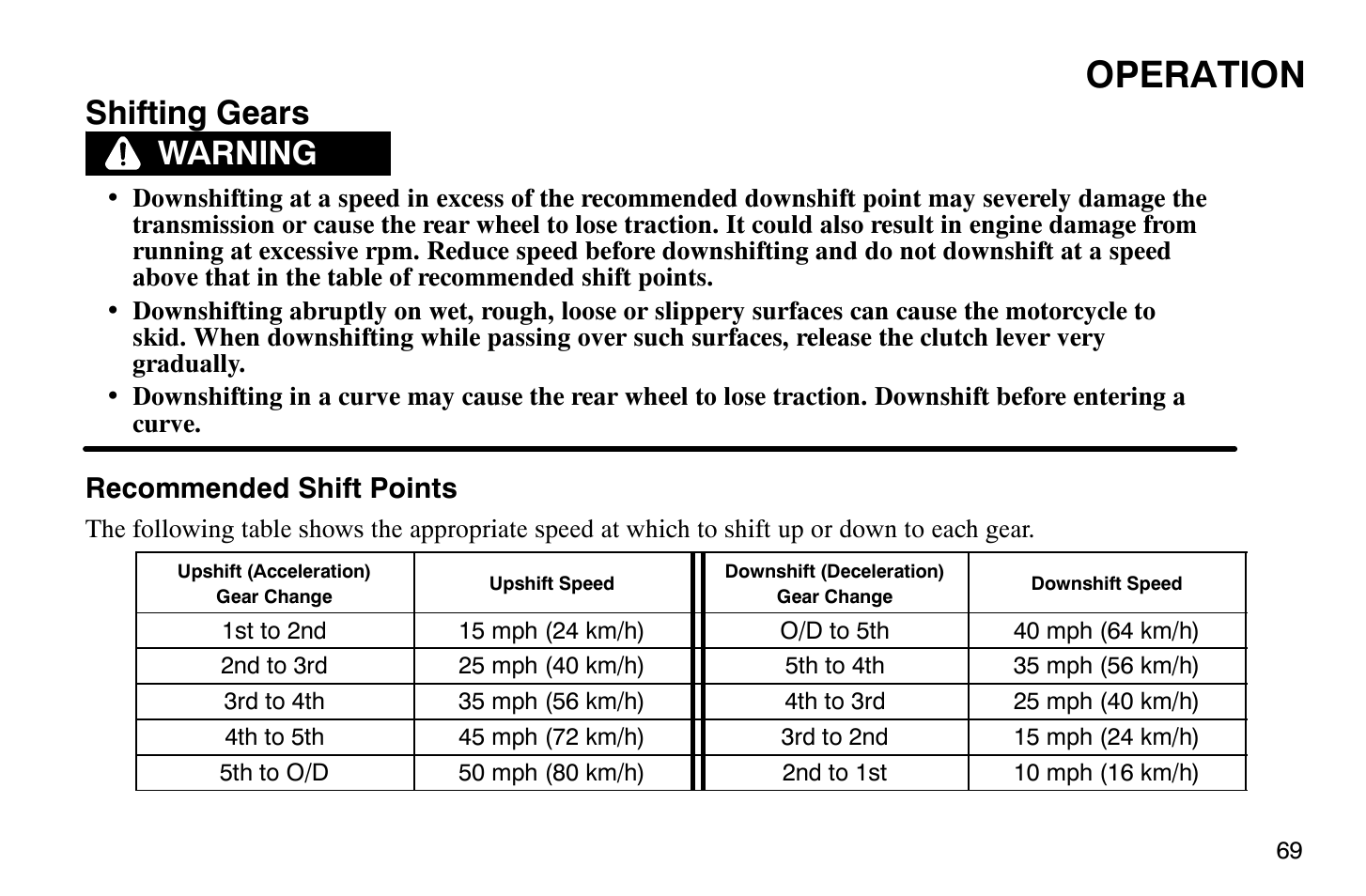 Operation, Shifting gears, Warning | Polaris 2007 Victory Hammer User Manual | Page 74 / 167