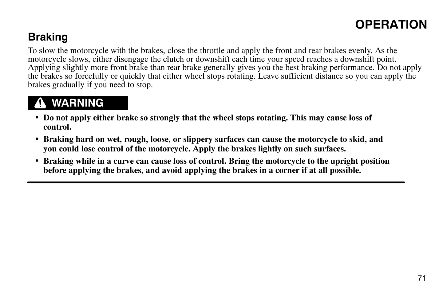 Operation, Braking, Warning | Polaris 2007 Victory Hammer User Manual | Page 76 / 167