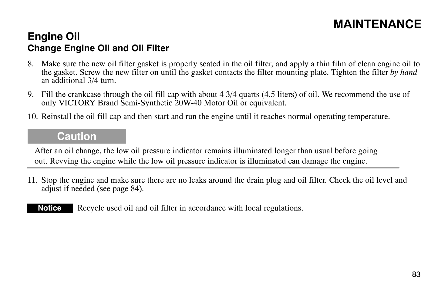 Maintenance, Engine oil, Caution | Polaris 2007 Victory Hammer User Manual | Page 88 / 167