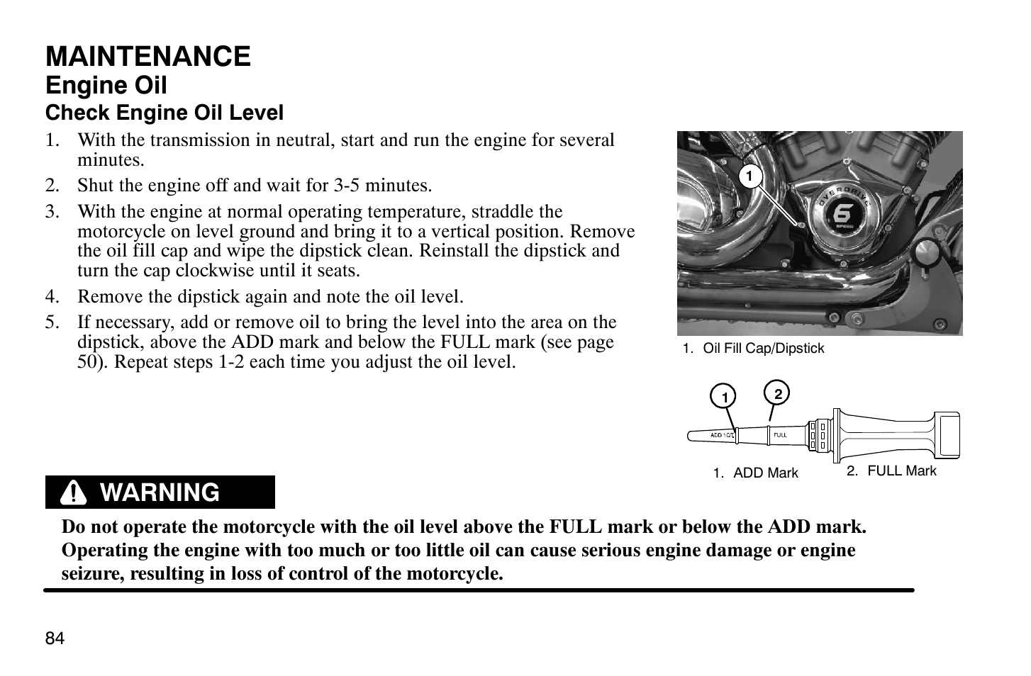 Maintenance, Engine oil, Warning | Polaris 2007 Victory Hammer User Manual | Page 89 / 167