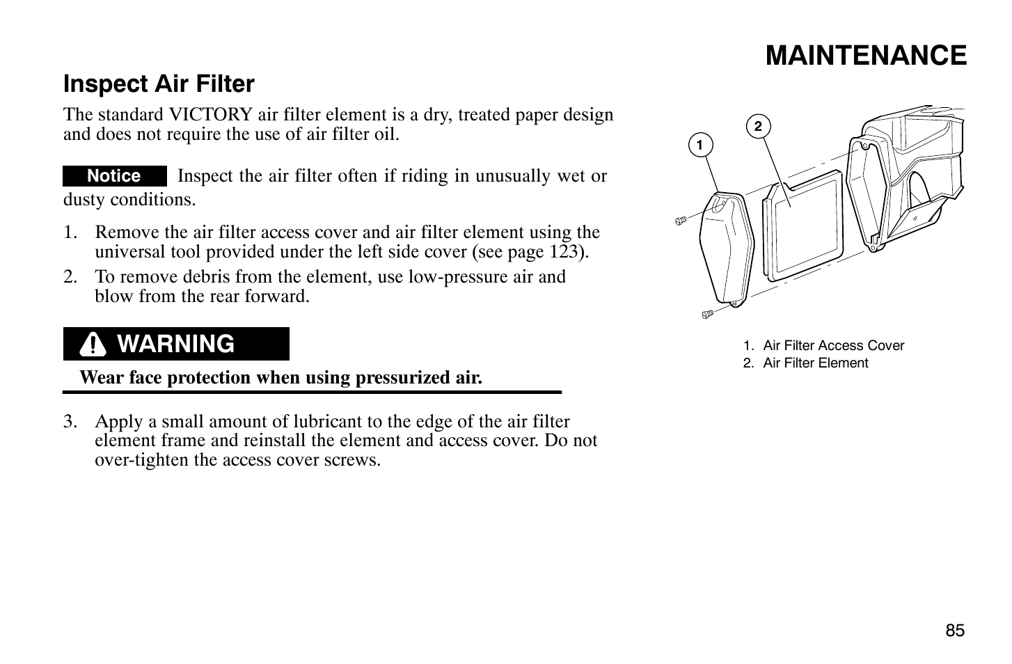 Maintenance, Inspect air filter, Warning | Polaris 2007 Victory Hammer User Manual | Page 90 / 167