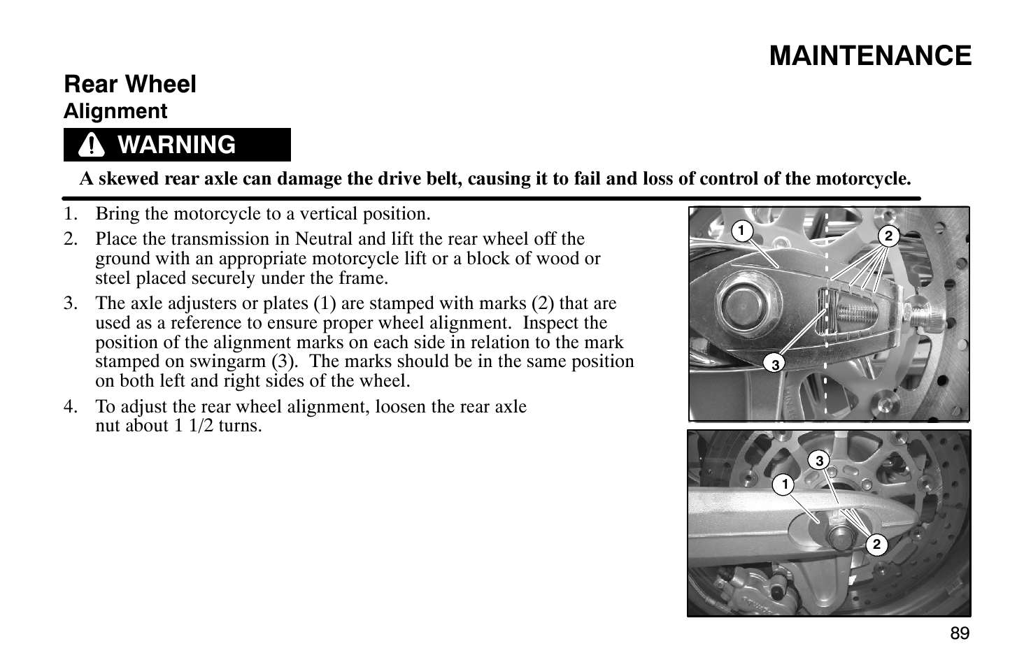 Maintenance, Rear wheel, Warning | Polaris 2007 Victory Hammer User Manual | Page 94 / 167