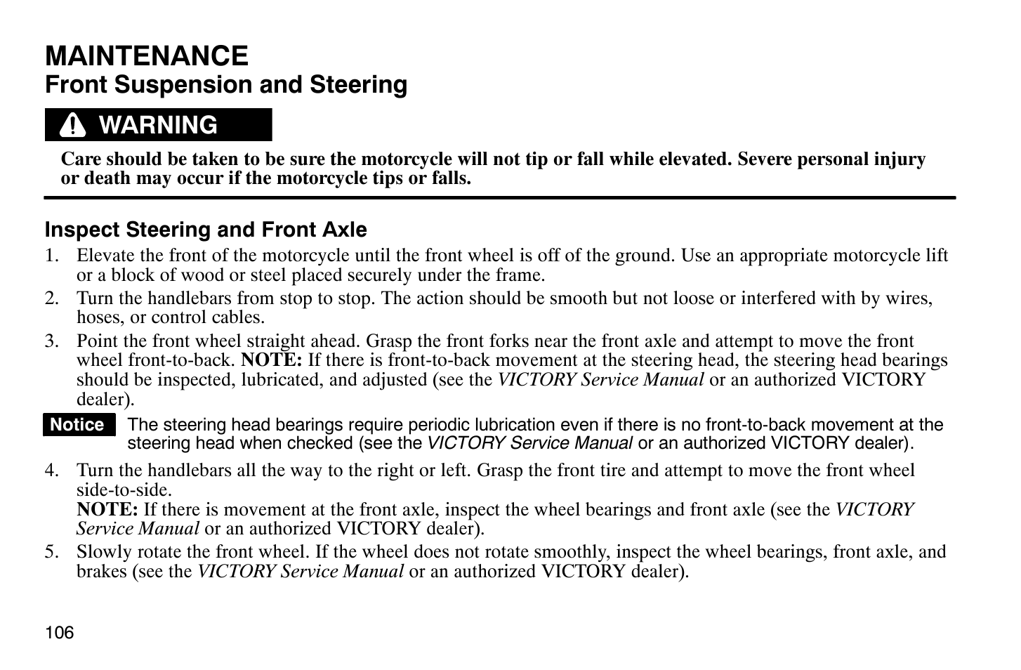 Maintenance, Front suspension and steering, Warning | Polaris 2008 Victory Vegas User Manual | Page 111 / 178