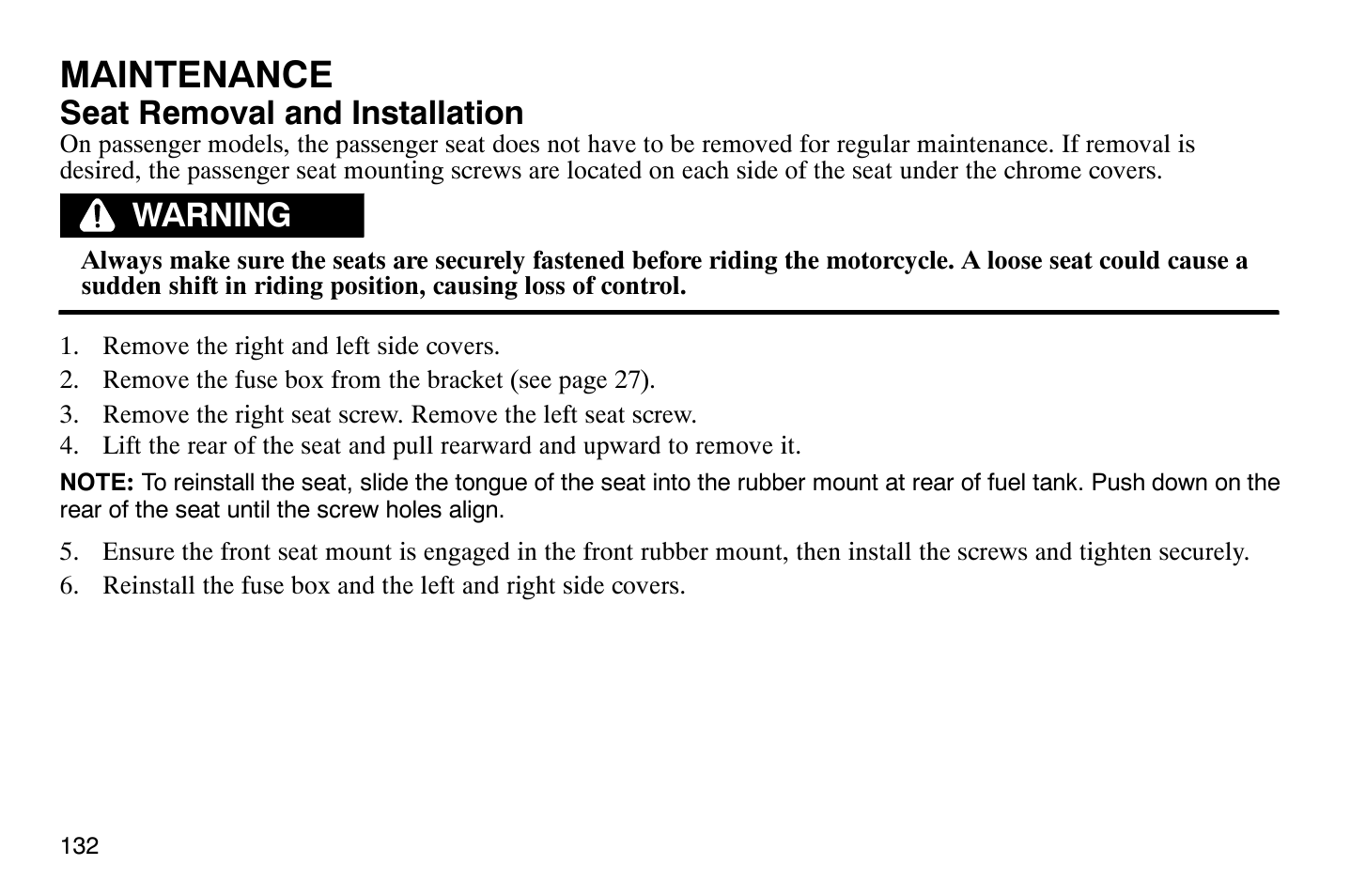 Maintenance, Seat removal and installation, Warning | Polaris 2008 Victory Vegas User Manual | Page 137 / 178