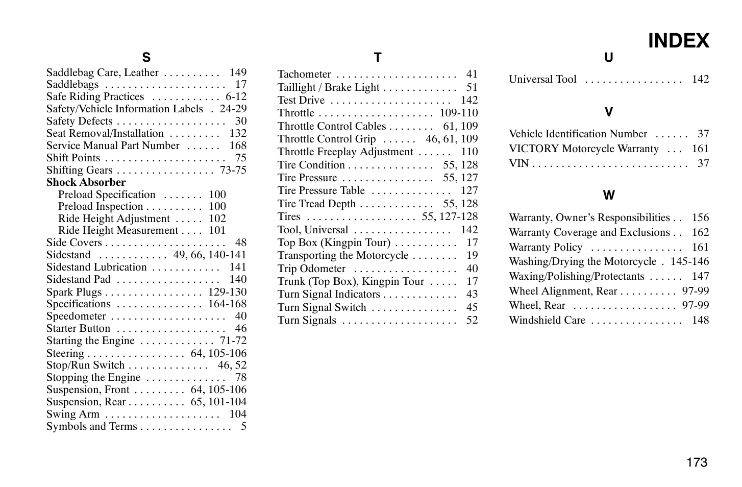 Index | Polaris 2008 Victory Vegas User Manual | Page 178 / 178