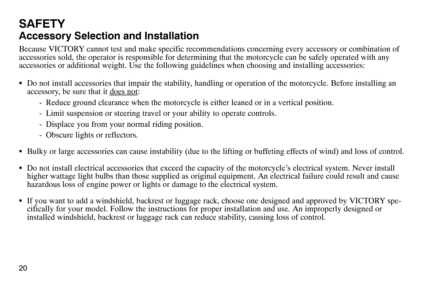Safety, Accessory selection and installation | Polaris 2008 Victory Vegas User Manual | Page 25 / 178