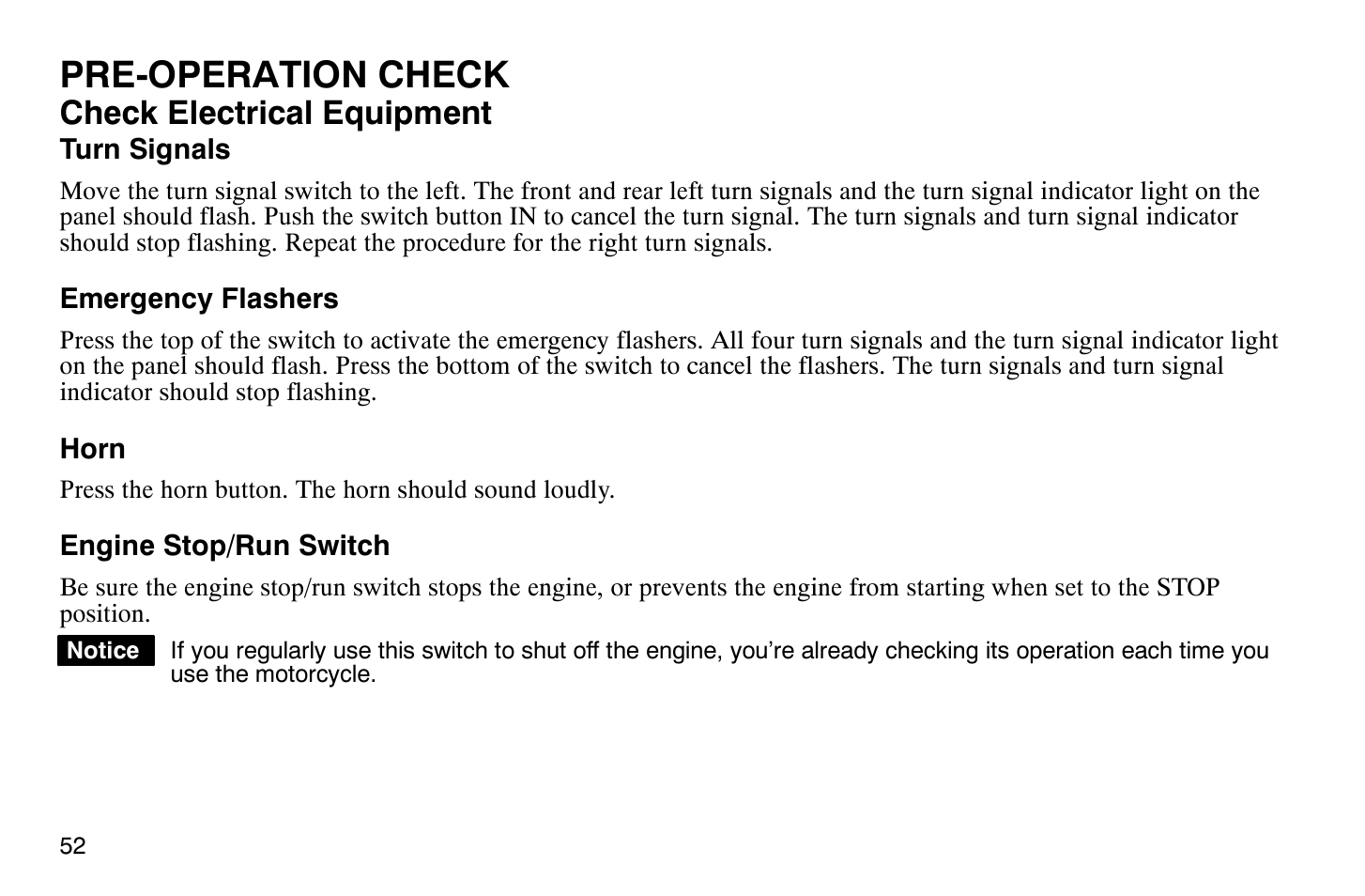 Pre-operation check, Check electrical equipment | Polaris 2008 Victory Vegas User Manual | Page 57 / 178