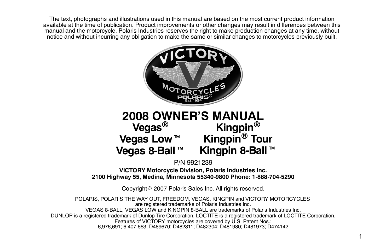 2008 owner’s manual, Kingpin, Tour kingpin 8-ball t | Vegas, Vegas low t vegas 8-ball t | Polaris 2008 Victory Vegas User Manual | Page 6 / 178