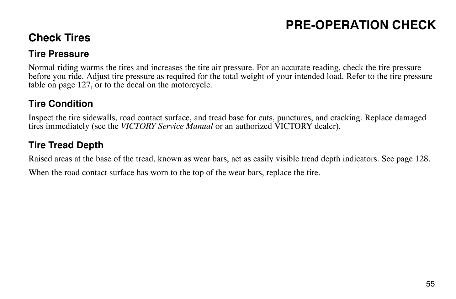 Pre-operation check, Check tires | Polaris 2008 Victory Vegas User Manual | Page 60 / 178