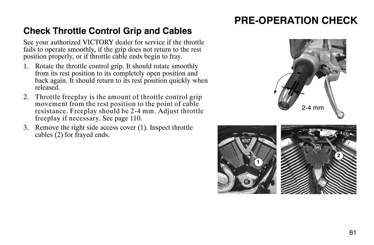 Pre-operation check, Check throttle control grip and cables | Polaris 2008 Victory Vegas User Manual | Page 66 / 178