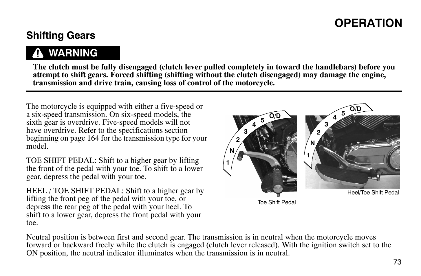 Operation, Shifting gears, Warning | Polaris 2008 Victory Vegas User Manual | Page 78 / 178