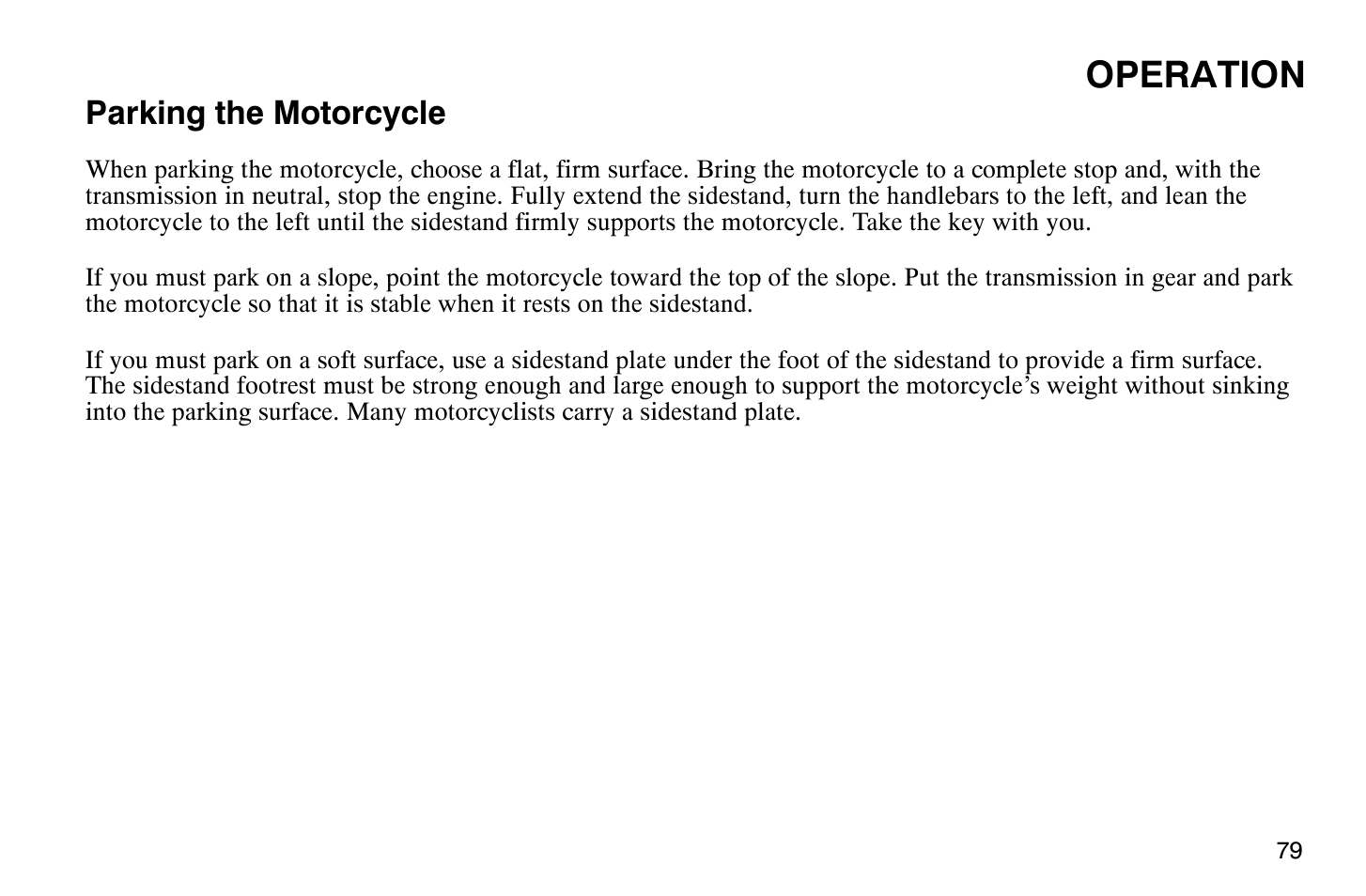 Operation, Parking the motorcycle | Polaris 2008 Victory Vegas User Manual | Page 84 / 178