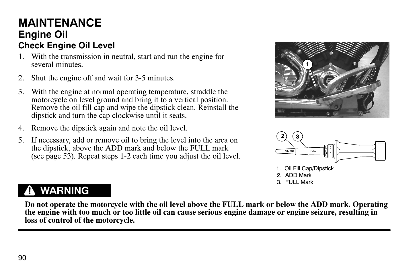 Maintenance, Engine oil, Warning | Polaris 2008 Victory Vegas User Manual | Page 95 / 178