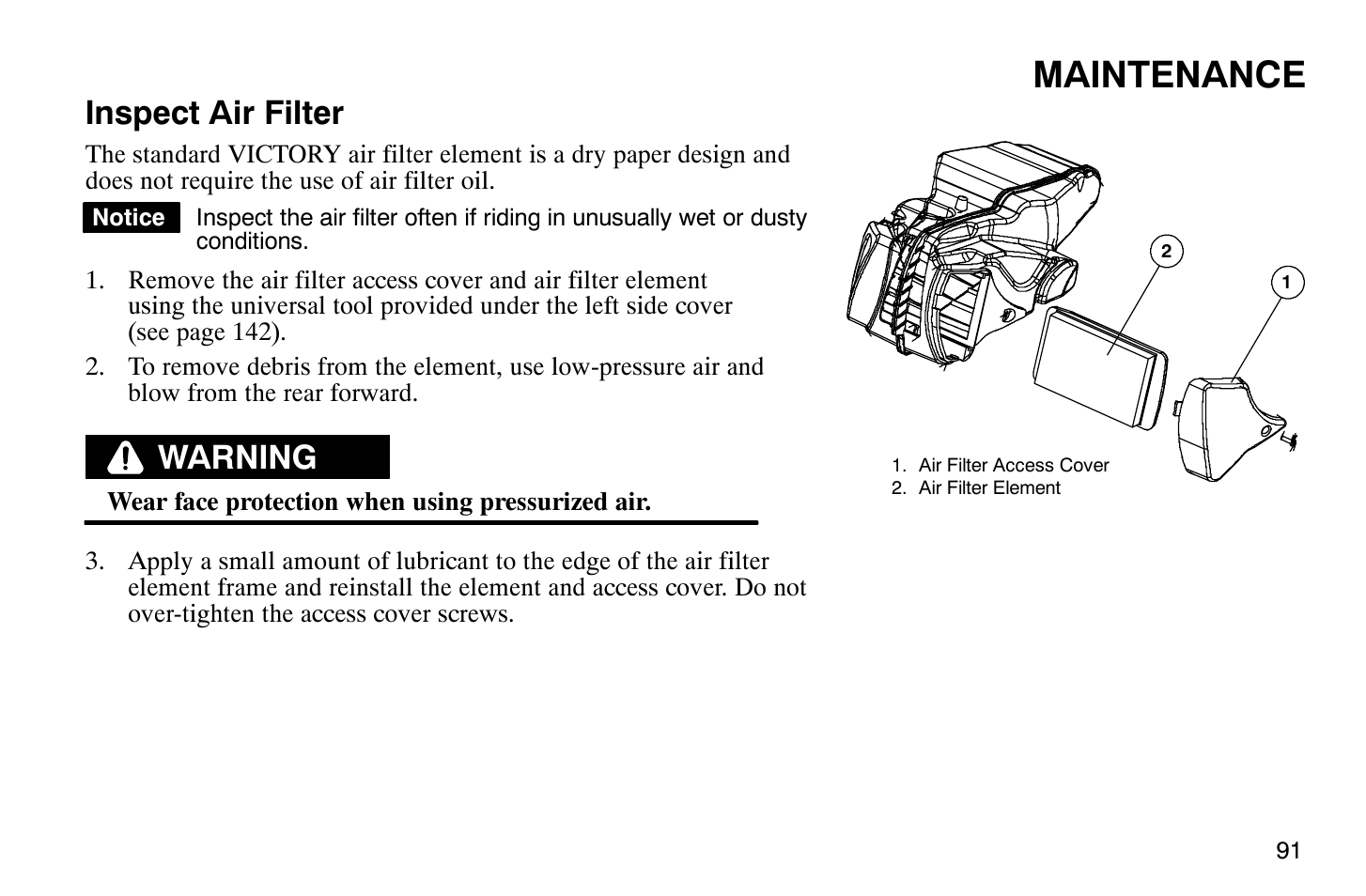 Maintenance, Inspect air filter, Warning | Polaris 2008 Victory Vegas User Manual | Page 96 / 178