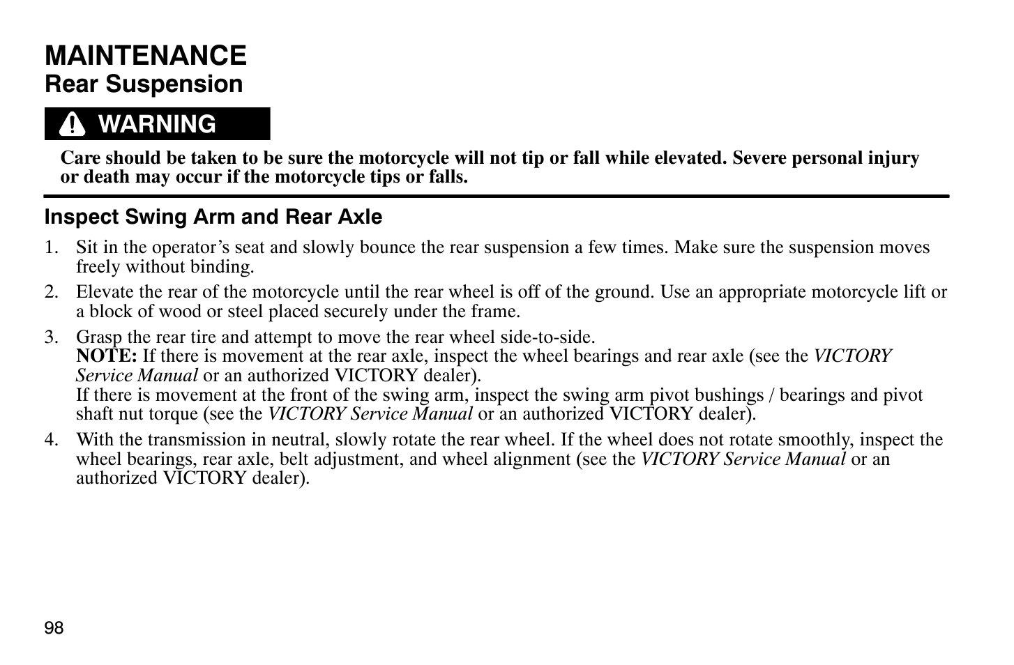 Maintenance, Rear suspension, Warning | Polaris 2008 Victory Hammer User Manual | Page 103 / 170