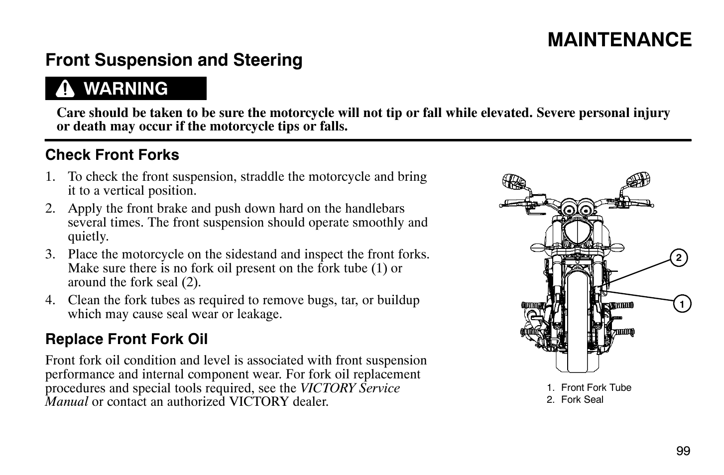 Maintenance, Front suspension and steering, Warning | Polaris 2008 Victory Hammer User Manual | Page 104 / 170