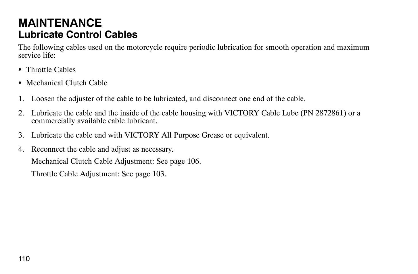 Maintenance, Lubricate control cables | Polaris 2008 Victory Hammer User Manual | Page 115 / 170