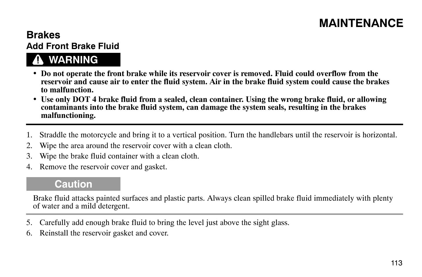 Maintenance, Brakes, Warning | Caution | Polaris 2008 Victory Hammer User Manual | Page 118 / 170