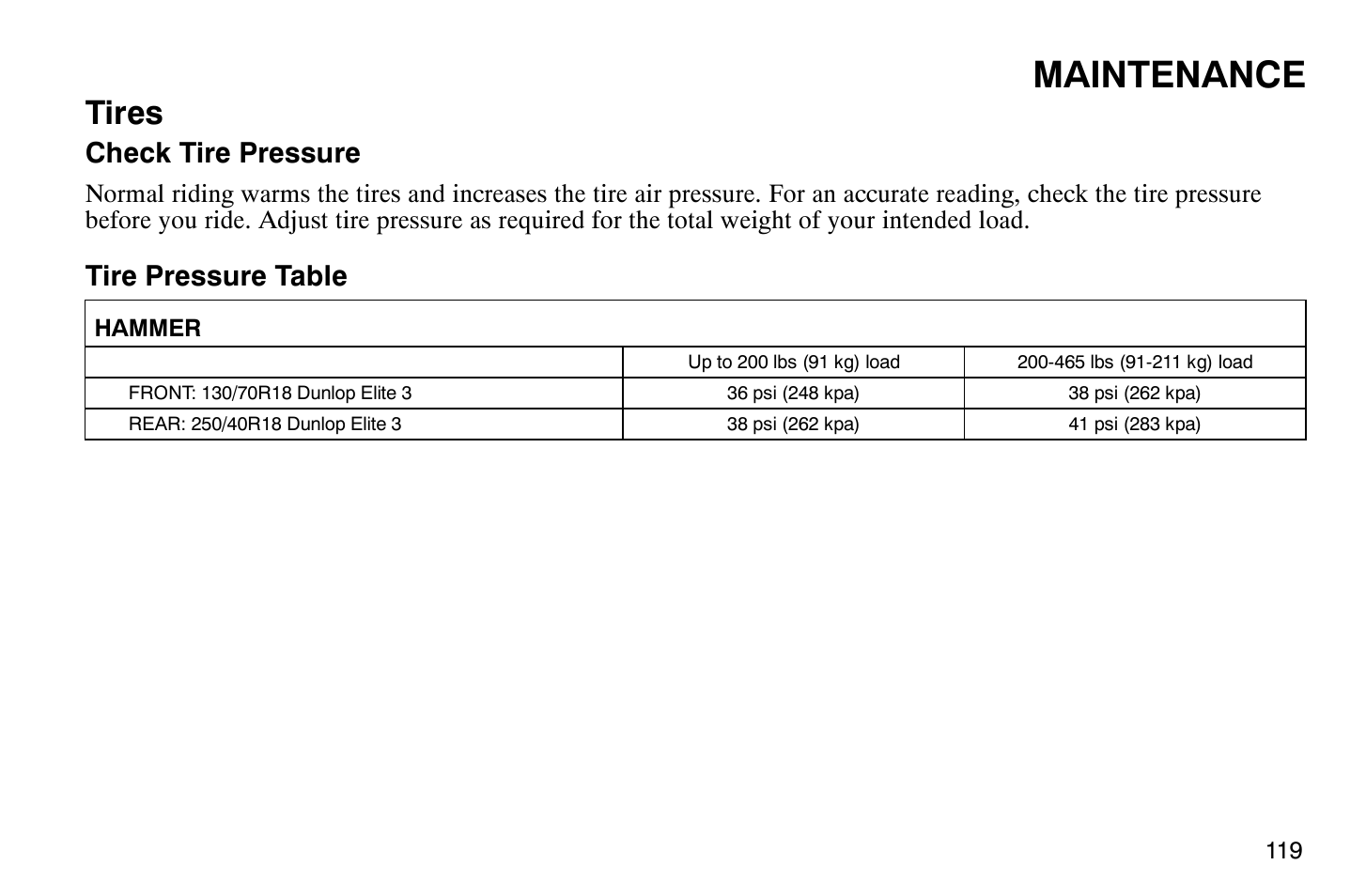 Maintenance, Tires, Check tire pressure | Tire pressure table | Polaris 2008 Victory Hammer User Manual | Page 124 / 170