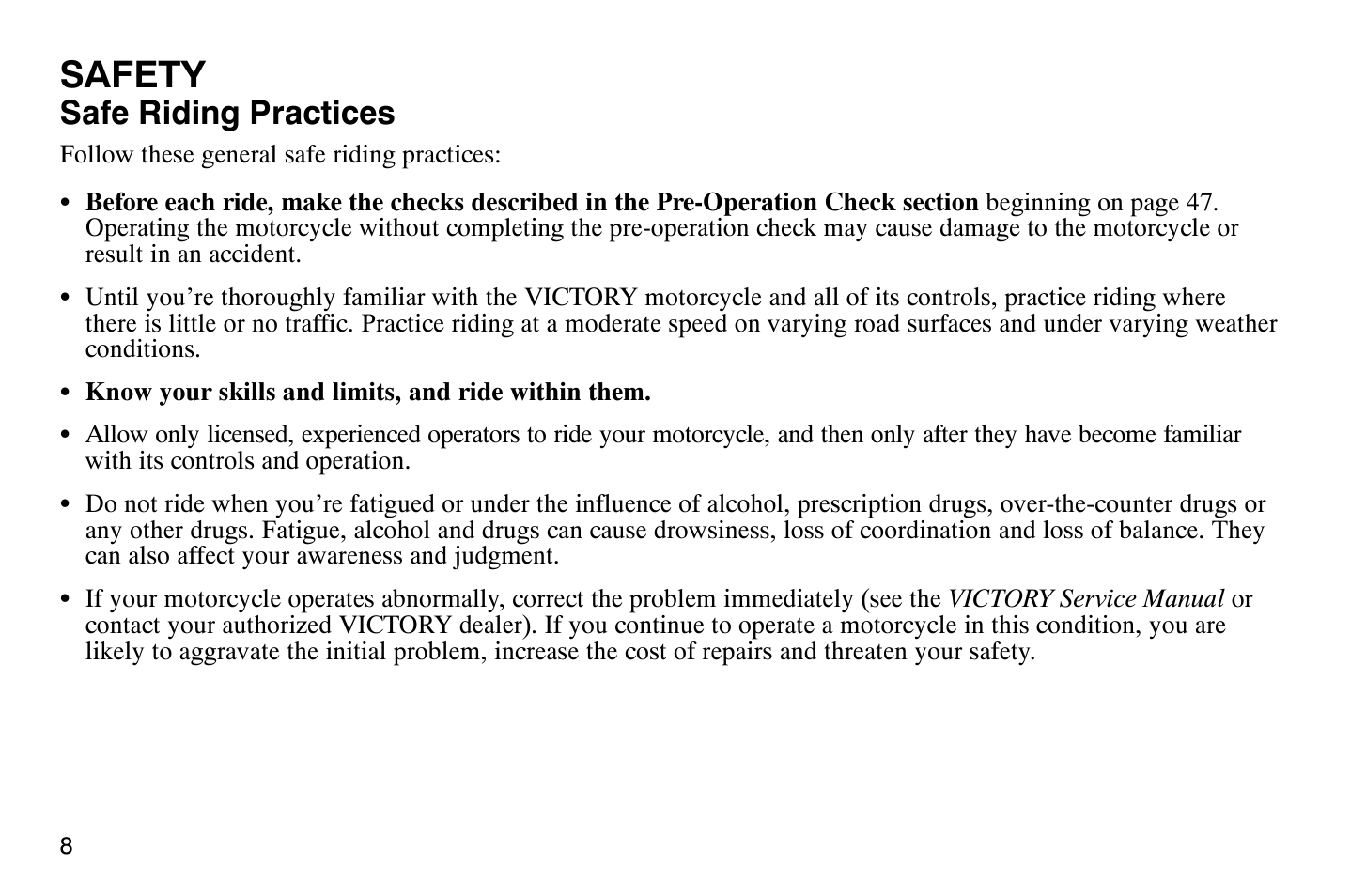 Safety, Safe riding practices | Polaris 2008 Victory Hammer User Manual | Page 13 / 170