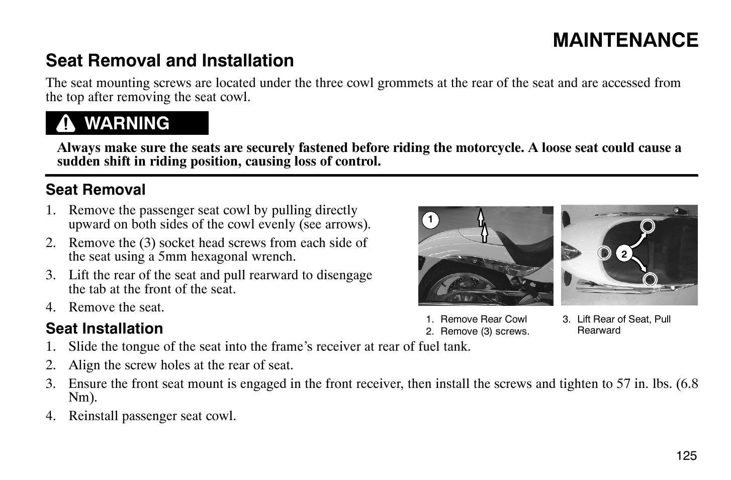 Maintenance, Seat removal and installation, Warning | Polaris 2008 Victory Hammer User Manual | Page 130 / 170