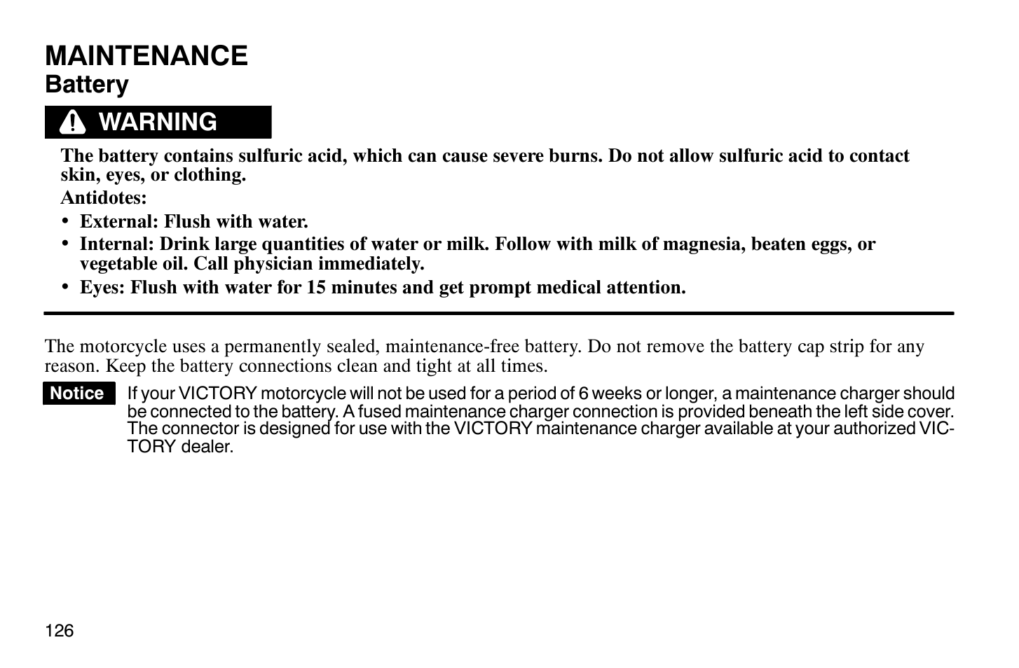 Maintenance, Battery, Warning | Polaris 2008 Victory Hammer User Manual | Page 131 / 170