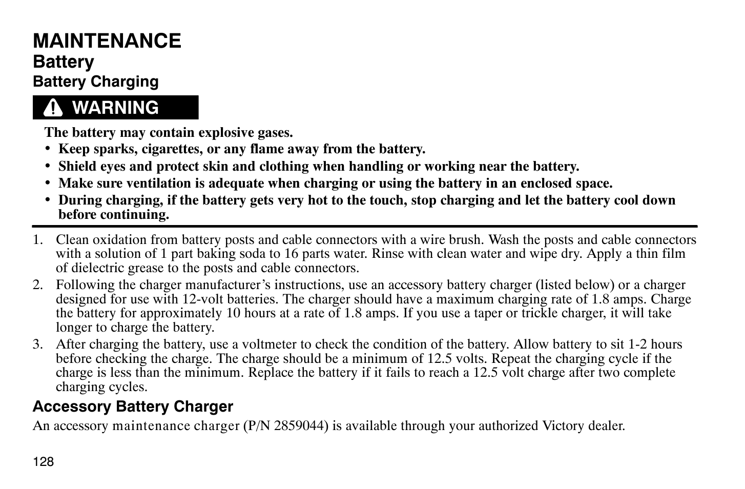 Maintenance, Battery, Warning | Polaris 2008 Victory Hammer User Manual | Page 133 / 170