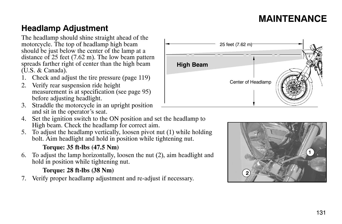 Maintenance, Headlamp adjustment | Polaris 2008 Victory Hammer User Manual | Page 136 / 170