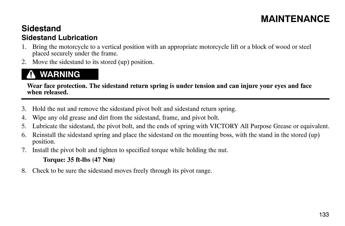 Maintenance, Sidestand, Warning | Polaris 2008 Victory Hammer User Manual | Page 138 / 170