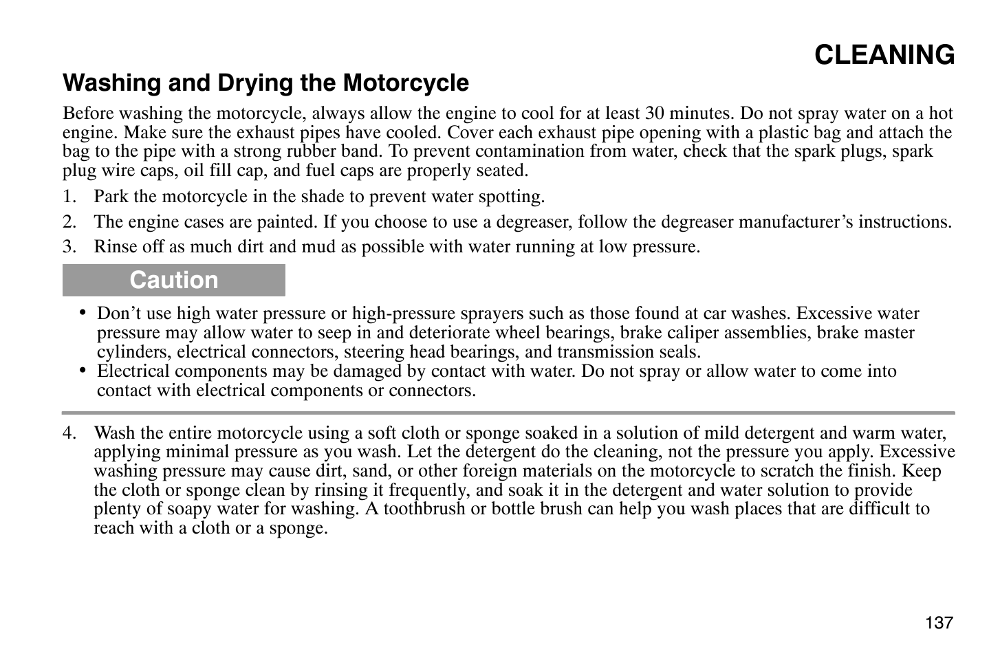 Cleaning, Washing and drying the motorcycle, Caution | Polaris 2008 Victory Hammer User Manual | Page 142 / 170