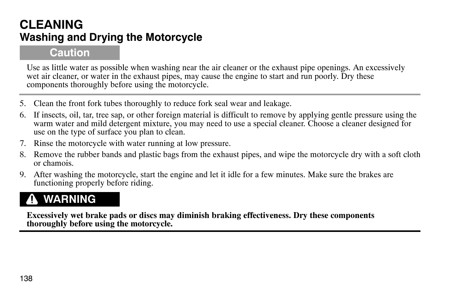 Cleaning, Washing and drying the motorcycle, Caution | Warning | Polaris 2008 Victory Hammer User Manual | Page 143 / 170