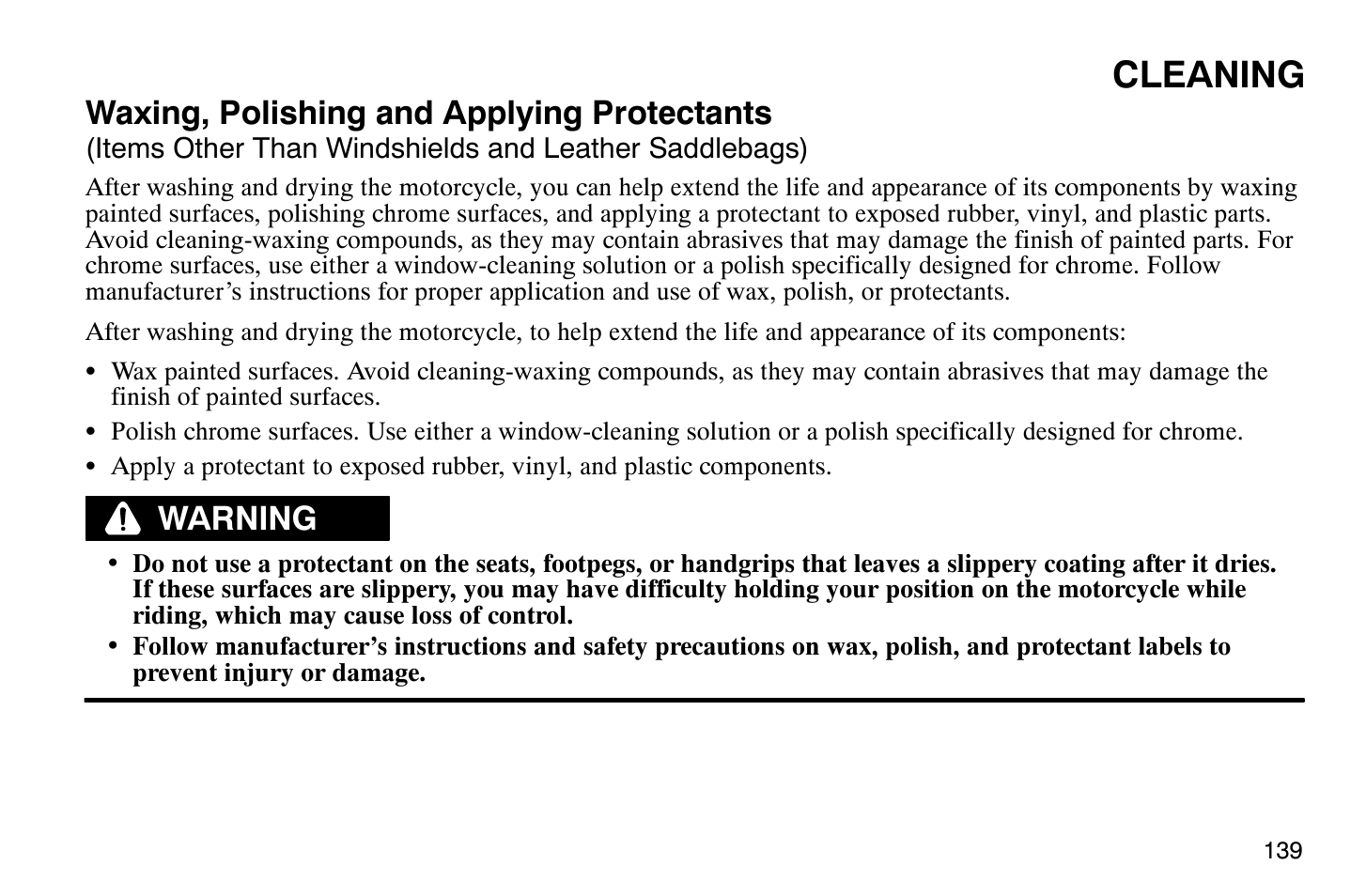 Cleaning, Waxing, polishing and applying protectants, Warning | Polaris 2008 Victory Hammer User Manual | Page 144 / 170