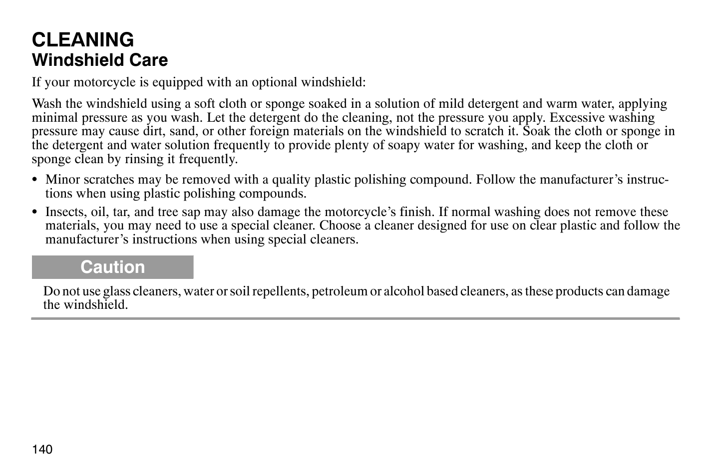 Cleaning, Windshield care, Caution | Polaris 2008 Victory Hammer User Manual | Page 145 / 170