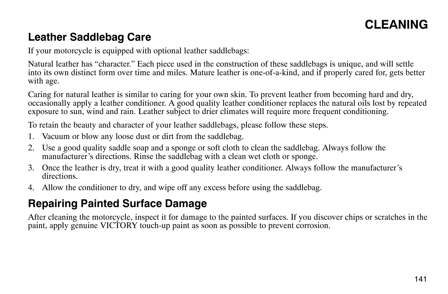 Cleaning, Leather saddlebag care, Repairing painted surface damage | Polaris 2008 Victory Hammer User Manual | Page 146 / 170