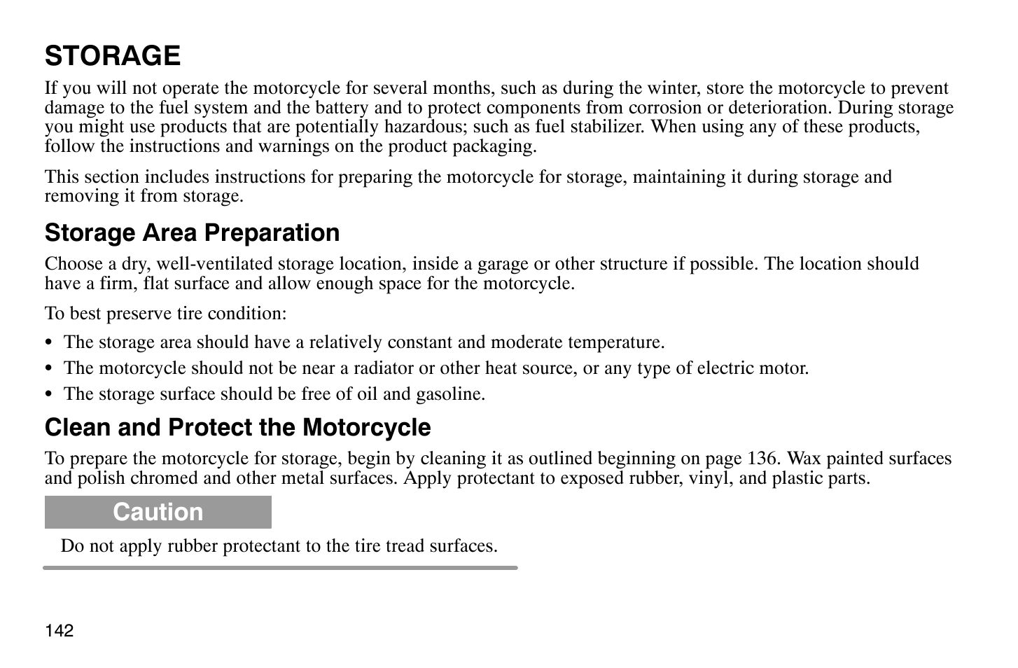 Storage, Storage area preparation, Clean and protect the motorcycle | Caution | Polaris 2008 Victory Hammer User Manual | Page 147 / 170