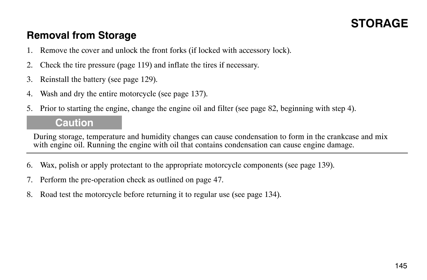 Storage, Removal from storage, Caution | Polaris 2008 Victory Hammer User Manual | Page 150 / 170