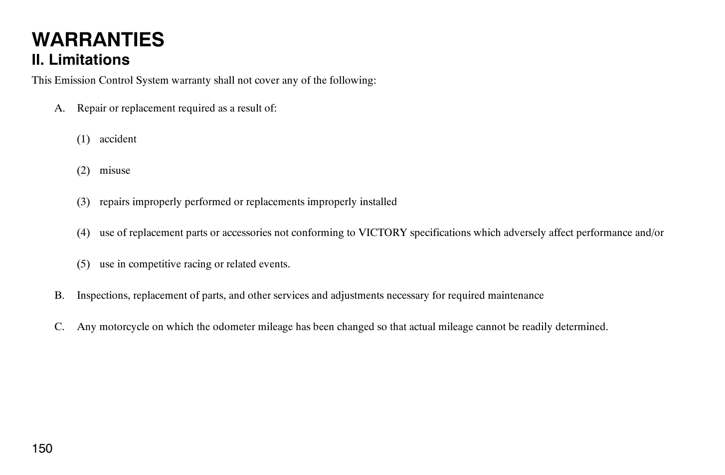 Warranties, Ii. limitations | Polaris 2008 Victory Hammer User Manual | Page 155 / 170