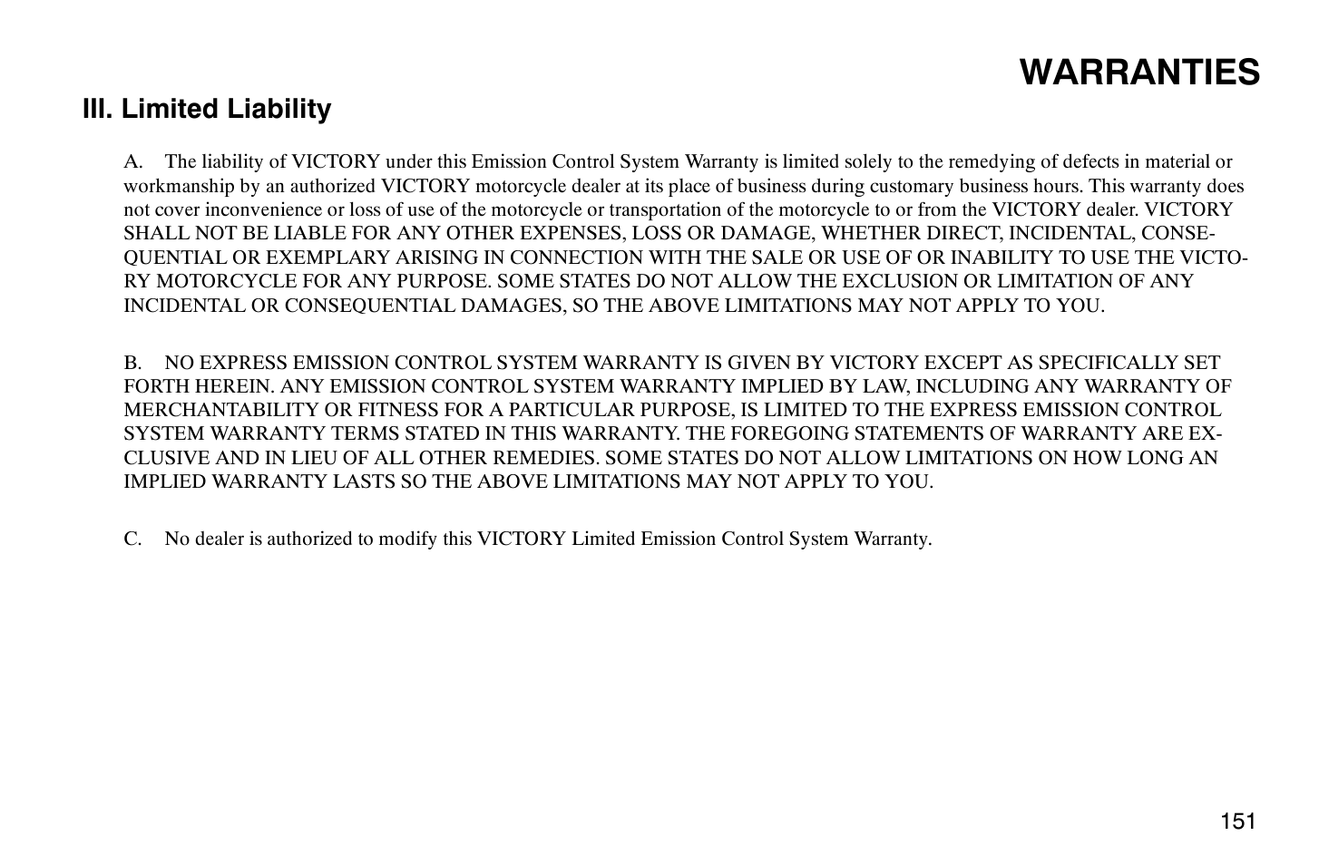 Warranties | Polaris 2008 Victory Hammer User Manual | Page 156 / 170